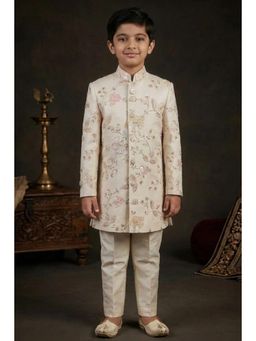 Lagorii - Cream Silk Blend Full Sleeves Embellished Sherwani With Pyjama