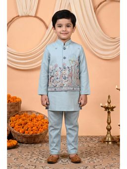 BT DEZINES - Blue Cotton Satin Full Sleeves Embroidered Kurta With Pyjama & Nehru Jacket