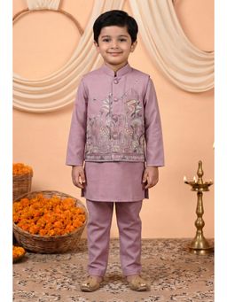 BT DEZINES - Mauve Cotton Satin Embroidered Kurta With Pyjama & Nehru Jacket