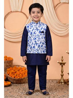 BT DEZINES - Navy Blue Cotton Blend Full Sleeves Floral Kurta With Pyjama & Nehru Jacket
