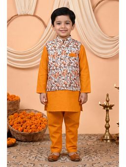 BT DEZINES - Mustard Cotton Blend Full Sleeves Floral Kurta With Pyjama & Nehru Jacket