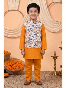 BT DEZINES - Mustard Cotton Blend Full Sleeves Floral Kurta With Pyjama & Nehru Jacket