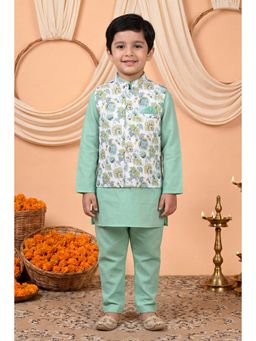 BT DEZINES - Turquoise Cotton Blend Full Sleeves Floral Kurta With Pyjama & Nehru Jacket