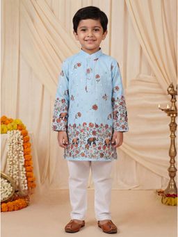 BT DEZINES - Blue Rayon Full Sleeves Mandarin Neck Regular Fit Floral Kurta With Pyjama
