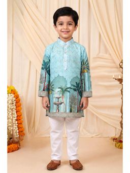 BT DEZINES - Turquoise Rayon Full Sleeves Mandarin Neck Printed Kurta With Pyjama