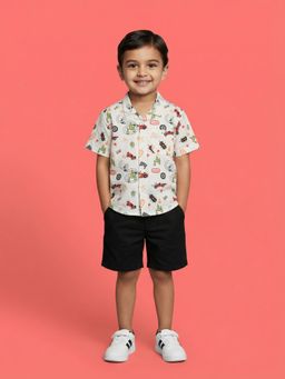 Nautinati - Off White Polycotton Half Sleeves Printed Shirt With Shorts