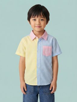 Nautinati - Yellow Pure Cotton Half Sleeves Collar Neck Regular Fit Stripes Shirt