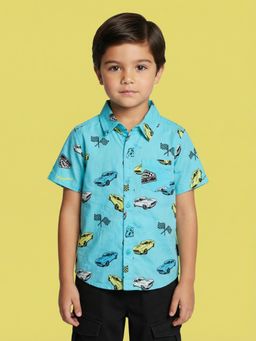 Nautinati - Blue Pure Cotton Half Sleeves Collar Neck Regular Fit Printed Shirt