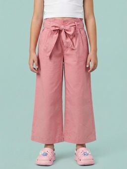 Nautinati - Pink Pure Cotton Regular Fit Wide Leg Mid Waist Solid Trouser With Belt