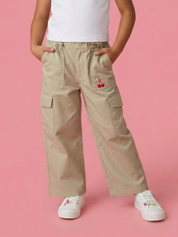 Nautinati - Beige Pure Cotton Regular Fit Straight Leg Mid Waist Graphic Cargo Pant