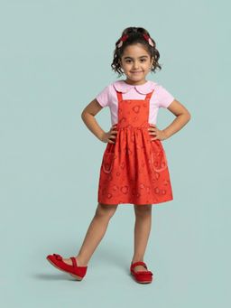 Nautinati - Red Polyester Half Sleeves Collar Neck Regular Fit Printed Dress With Top