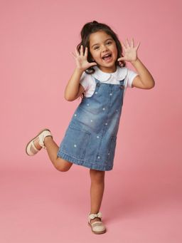 Nautinati - Blue Pure Cotton Half Sleeves Embroidered Dress With Top