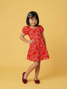 Nautinati - Red Cotton Blend Puff Sleeves Round Neck Flared Fit Printed Dress