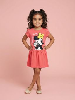 Nautinati - Red Cotton Half Sleeves Round Neck A-Line Fit Character Dress