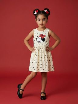 Nautinati - White Cotton Sleeveless Round Neck Flared Fit Polka Dots Dress