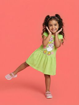 Nautinati - Green Cotton Half Sleeves Round Neck A-Line Fit Character Dress