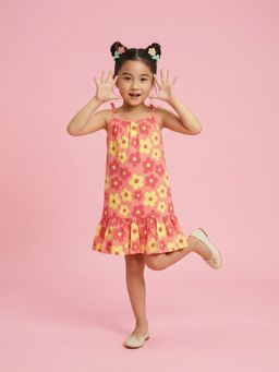 Nautinati - Peach Cotton Sleeveless Shoulder Straps A-Line Fit Floral Dress