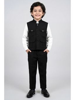 BT DEZINES - Black Cotton Lycra Full Sleeves Solid Waistcoat With Shirt & Trouser