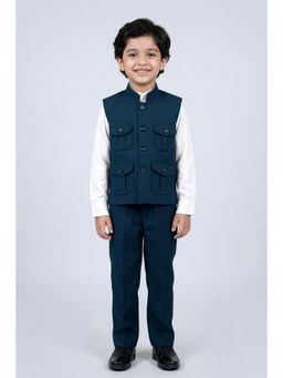 BT DEZINES - Teal Cotton Lycra Full Sleeves Solid Waistcoat With Shirt & Trouser