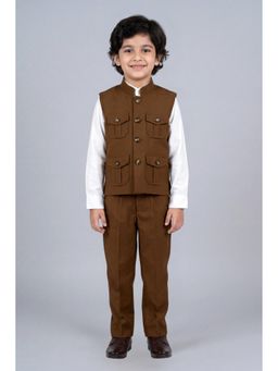 BT DEZINES - Brown Cotton Lycra Full Sleeves Solid Waistcoat With Shirt & Trouser