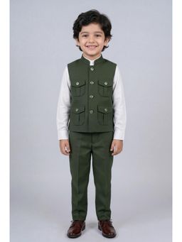 BT DEZINES - Olive Cotton Lycra Full Sleeves Solid Waistcoat With Shirt & Trouser