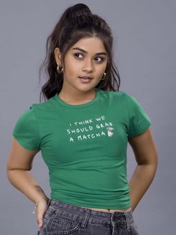 TeenTrums - Green Cotton Half Sleeves Crew Neck Fitted Fit Typography T-Shirt