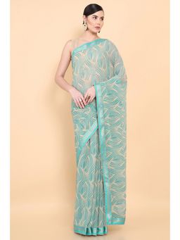 Soch - Women Turquoise Georgette Printed Saree with Unstitched Blouse