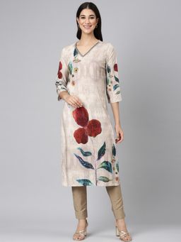 NEERU'S - Beige Casual Floral Straight Kurta