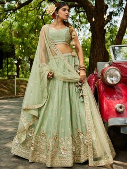 Panchhi - Lime Green Chinnon Sequin Embroidery Semi Stitched Lehenga & Choli with Dupatta (Set of 3)