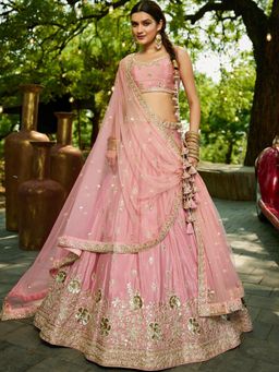 Panchhi - Pink Chinnon Sequin Embroidery Semi Stitched Lehenga & Choli with Dupatta (Set of 3)