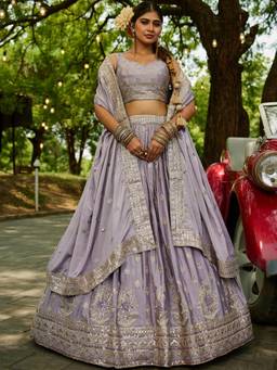 Panchhi - Lavender Chiffon Sequin Embroidery Semi Stitched Lehenga & Choli with Dupatta (Set of 3)