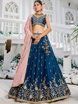 Panchhi - Navy Blue Chiffon Sequin Embroidery Semi Stitched Lehenga & Choli with Dupatta (Set of 3)