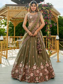 Panchhi - Olive Satin Sequin Embroidery Semi Stitched Lehenga & Choli with Dupatta (Set of 3)