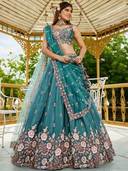 Panchhi - Teal Satin Sequin Embroidery Semi Stitched Lehenga & Choli with Dupatta (Set of 3)