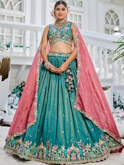 Panchhi - Sea Green Satin Sequin Embroidery Semi Stitched Lehenga & Choli with Dupatta (Set of 3)