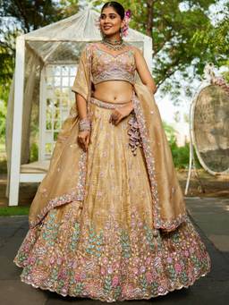 Panchhi - Beige Tissue Sequin Embroidery Semi Stitched Lehenga & Choli with Dupatta (Set of 3)