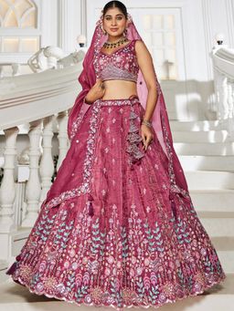 Panchhi - Burgundy Tissue Sequin Embroidery Semi Stitched Lehenga & Choli with Dupatta (Set of 3)