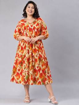 THE PINK MOON - Vibrant Orange Ikat Tiered Midi Dress