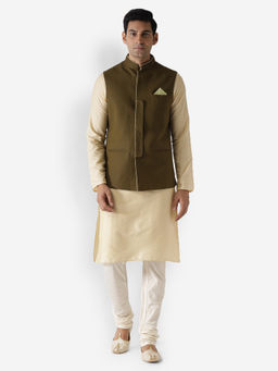 KISAH - Men Olive Kurta Jacket (Set of 3)