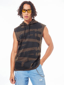 Bewakoof - Mens Brown & Black Graphic Printed Oversized Hooded Vest