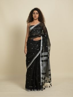 Suta - Black and Silver Polka Linen Zari Saree