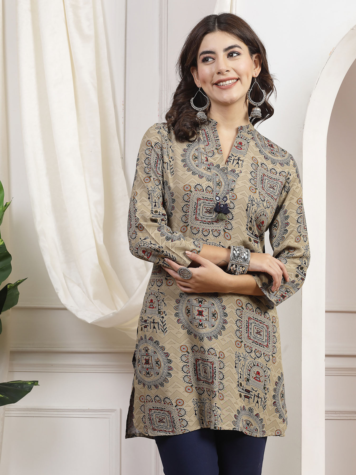 Printed Over Lapel Tassel Work Kurti-picture-32