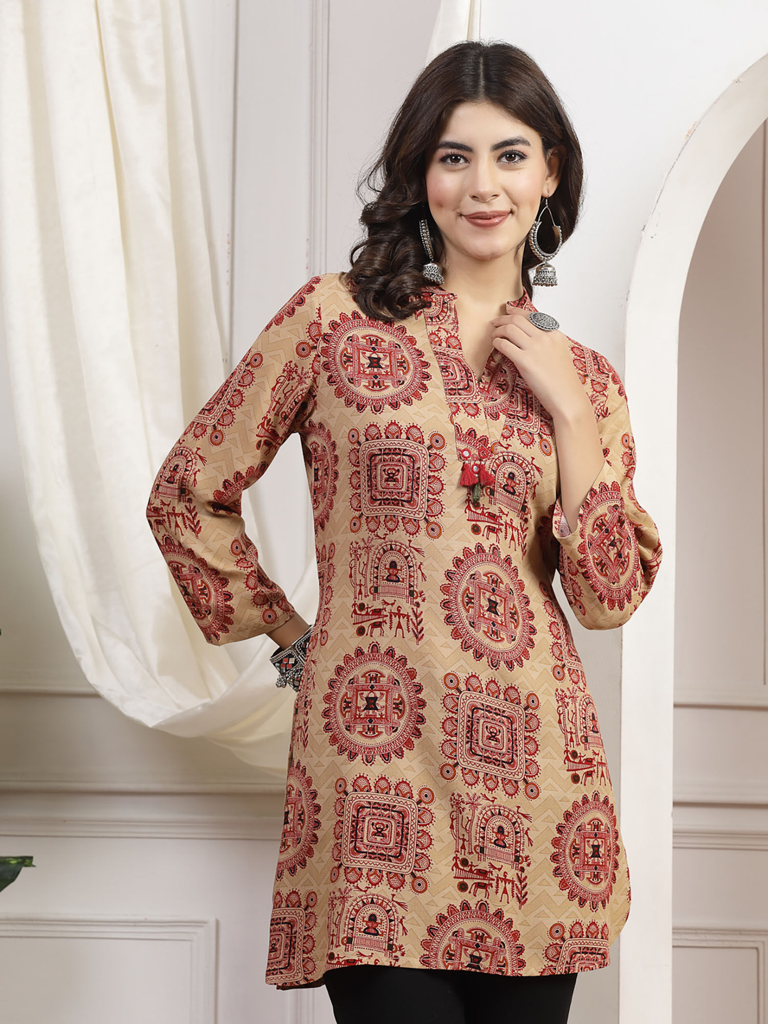 Printed Over Lapel Tassel Work Kurti-image-37