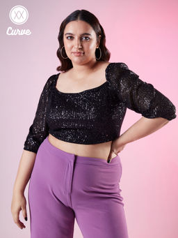 Twenty Dresses by Nykaa Fashion - Curve Black Sequin Square Neck Short Top