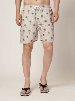 Style Quotient - Men Beige and Green Conversational Print Polyester Swim Shorts