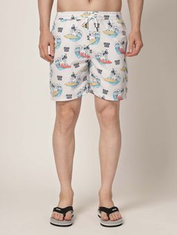 Style Quotient - Men Off White and Multi Conversational Print Polyester Swim Shorts