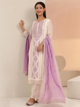 Libas - Women White Chanderi Kurta with Trouser and Dupatta