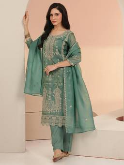Libas - Women Blue Tissue Kurta with Trouser and Dupatta
