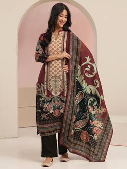 Libas - Women Maroon Muslin Kurta with Trouser and Dupatta