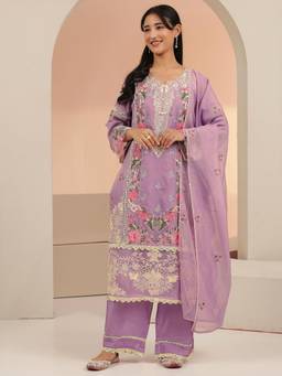 Libas - Women Lavender Organza Kurta with Trouser and Dupatta